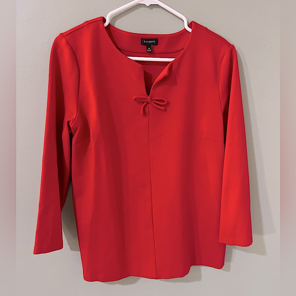 Talbots Medium Stretchy Red Tailored Thick Jersey Blouse Ribbon women